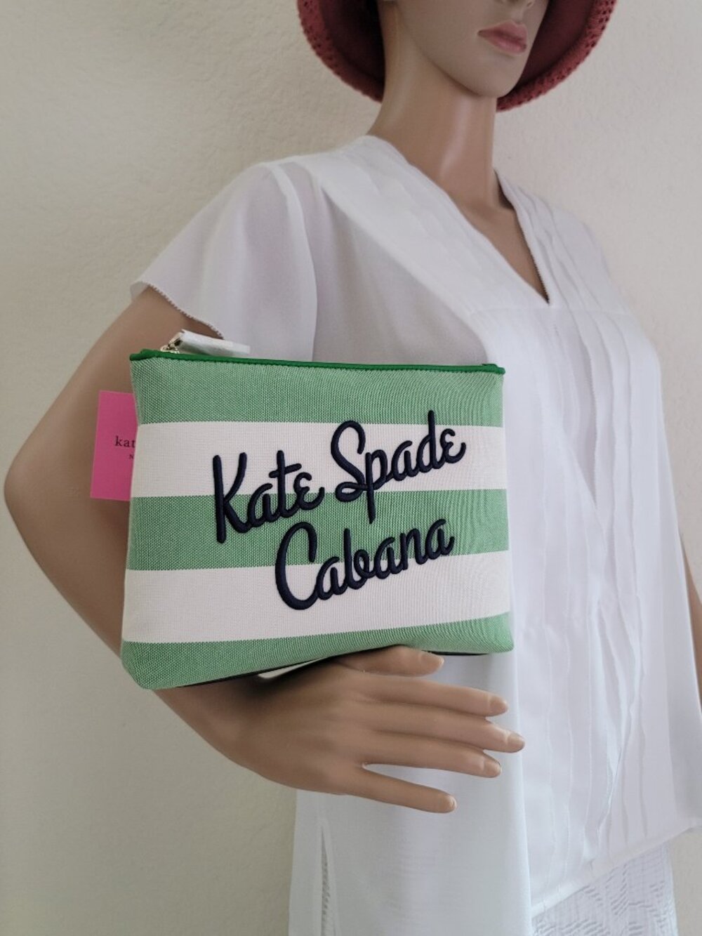 KATE SPADE Cabana Striped Canvas Pouch- Green Multi ⭐